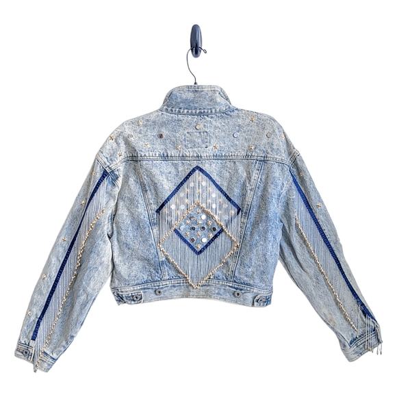 DAKOTA BLUE Vintage 80's Studded Beaded Fringe Cropped Light Wash Denim Jacket - Picture 2 of 14